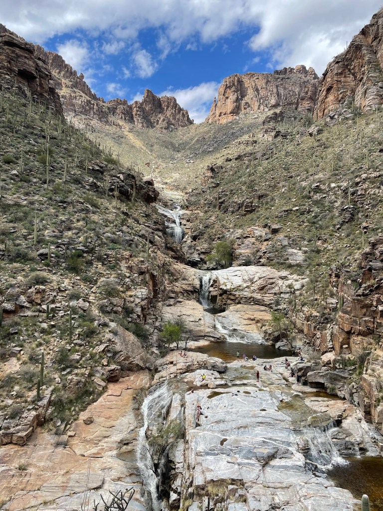 A scenic view of a rocky landscape featuring a waterfall flowing down into a pool, surrounded by tall cliffs and saguaro cacti under a partly cloudy sky.